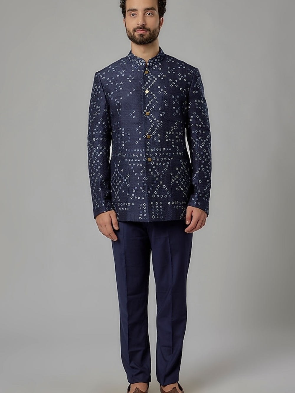 Divyam Mehta Men's Space Blue Raw Silk Shibori Bandhgala Set Size 42